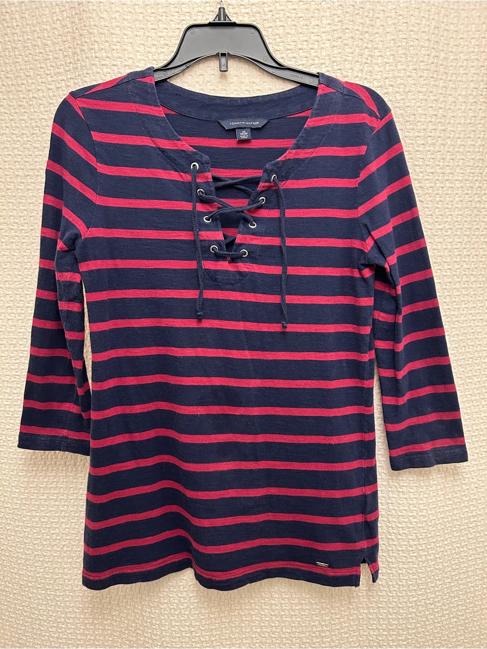 Tommy Hilfiger Navy & Pink Striped Lace-Up Tunic Top
